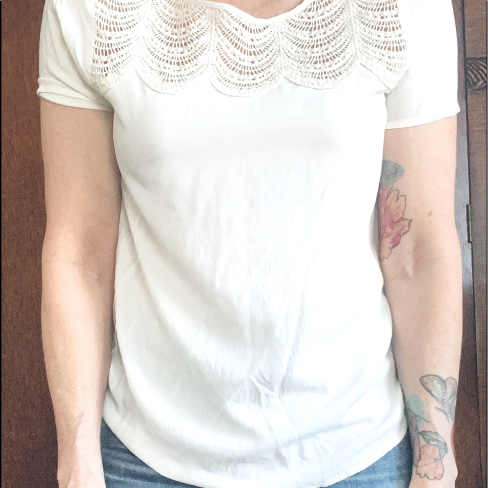 XS Ella Moss blouse with lace bib and keyhole fasten.